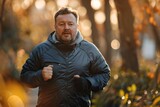 Fototapeta  - An overweight man is running in the autumn park wearing a black jacket