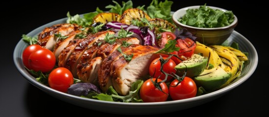 Wall Mural - Tasty chicken salad with grilled vegetables on a plate on a black background