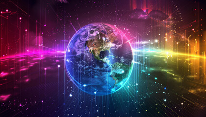Wall Mural - A colorful planet with a bright blue sky and a red and yellow spot on it by AI generated image
