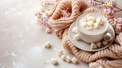 Wall Mural -  A steaming hot chocolate cup with marshmallows on a nearby saucer, accompanied by a pile of sweaters