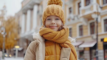 Wall Mural -  A little girl dons a yellow coat and a matching yellow hat adorned with a pom-pom