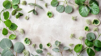 Wall Mural -  A group of green leaves on a white surface with a white mark to the right side