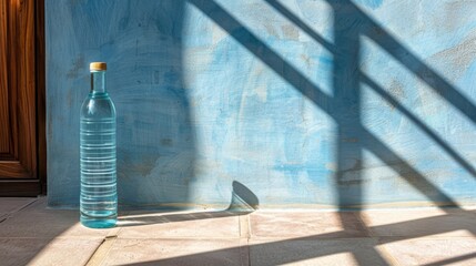  A bottle of water sits on the ground, casting a shadow on the wall beside the door