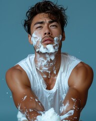 25 year old Asian American man applying shaving foam to his chin, wearing a white T-shirt, blue background