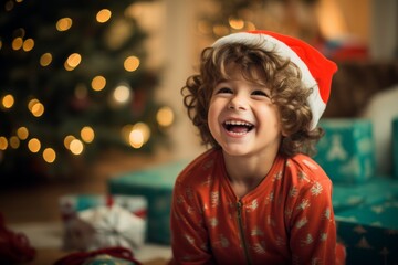 Wall Mural -  excited 6 year old boy in pajamas looking at the presents under the tree on christmas morning