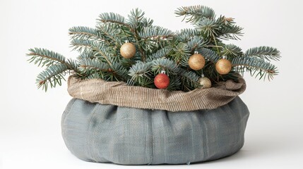 Poster -  A Christmas tree in a burlap bag, topped with pine cones and ornaments