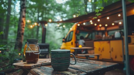 Wall Mural -  A jar of honey rests on a picnic table, beside another jar, both in the woods