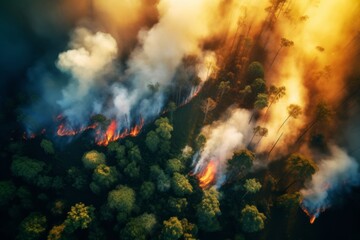  a lush forest burning seen from a drone . Wide view.