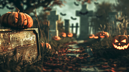 Poster - Spooky graveyard pumpkins and zombies