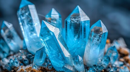 Poster -  A cluster of blue crystals atop a dirty mound, alongside a birch-hued rock dual-coated in brown and dirt