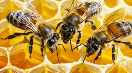 Wall Mural - topside, numerous yellow and brown honeycombs in stacked honey cells