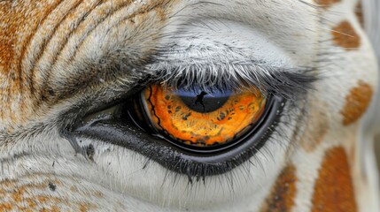 Wall Mural -  A tight shot of a giraffe's eye reveals an orange iris at the center of its upper eyelid