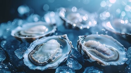 Wall Mural -  A group of oysters atop ice cubes, atop a bed of ice, on a countertop