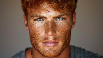 Canvas Print -  A close-up of a man with freckles scattering his face, blue eyes included