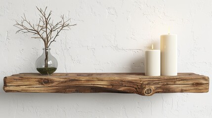 Canvas Print -  A couple of white candles atop a wooden shelf, near vases holding twigs