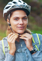 Poster - Portrait, biker and woman with helmet, outdoor and fitness with training, safety and hobby. Face, person and girl with protection, cycling and exercise with practice, recreation and break with gear