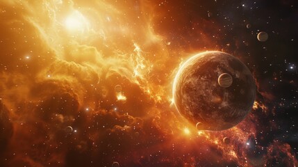 Poster - Fiery orange cosmic scene with planets and glowing nebulae. Dynamic and vibrant space background for imaginative designs