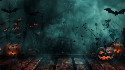 Wall Mural - Spooky Halloween background with empty wooden planks, dark horror background