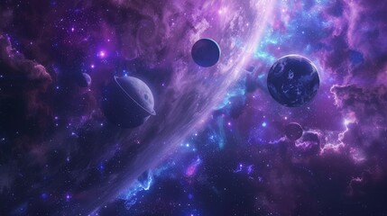 Aufkleber - Purple and blue cosmic scene with planets and nebulae. Mystical and surreal space background for sci-fi and fantasy themes