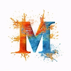 Colorful watercolor letter M with splashes isolated on white background