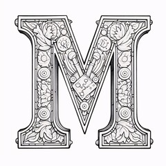 Luxury capital letter M with floral ornament. Hand-drawn illustration.