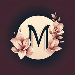 Wall Mural - Floral letter M in circle frame with flowers and leaves. Vector illustration.