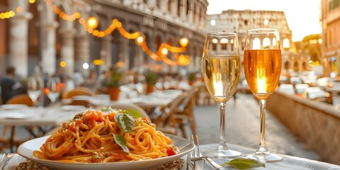 Wall Mural - Enjoy classic spaghetti in a Roman café with a view of Colosseum. Concept Italian Cuisine, Dining Experience, Travel in Rome, Colosseum View, Spaghetti Dinner