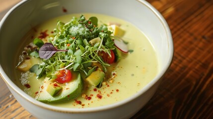 Wall Mural - Creamy Avocado Soup with basil leaves, healthy dish