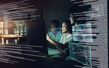 Aufkleber - Business people, teamwork and analytics overlay with statistics graphs or hologram, future or growth. Colleagues, strategy and charts or problem solving solution with brainstorming, tech or metrics