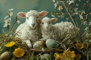 Wall Mural - Easter art with 3 lambs. Sheep. Happy easter