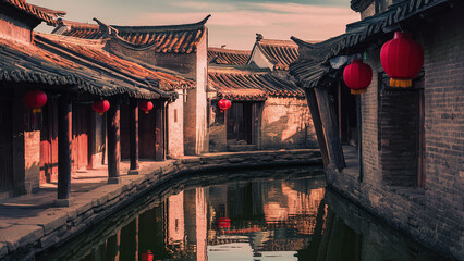 Wall Mural - photography of a serene antique traditional chinese town with rustic charm of the tiled roofs and stone pathways, ancient architecture, golden hour