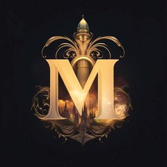 Luxury letter M logo in vintage style. Calligraphic capital letter M in the center of the city.