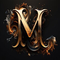 Golden letter M on a black background. 3d rendering, 3d illustration.