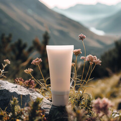 The concept of natural cosmetics. A mockup of a tube of cream on a background of mountain flowers.