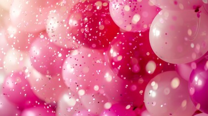 Poster - Pink and white balloons with confetti floating in the air. Celebration and festive atmosphere for parties or special occasions