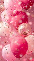 Poster - Close-up of pink balloons with confetti floating around. Ideal festive background for celebrations, parties, and events