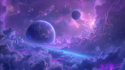 Poster - Dreamy cosmic scene with planets and stars in a purple and blue sky. Fantasy and science fiction background ideal for imaginative designs