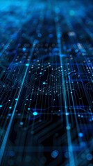 Poster - Close-up of a complex blue circuit board with glowing connections. Technology and innovation concept