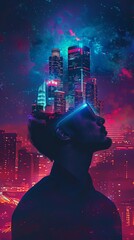 Poster - Man with futuristic cityscape projection on his face under starry sky. Conceptual blend of technology and urban development