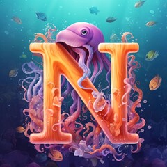 Jellyfish with letter N in underwater background - 3d illustration