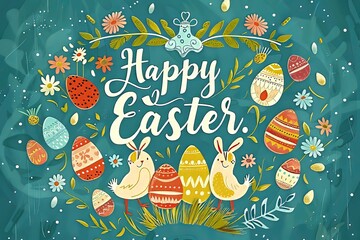 Wall Mural - Easter Greetings: cute clip art with phrases like 