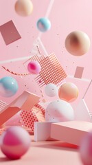 Poster - Contemporary abstract scene with a playful arrangement of spheres and blocks in soft pink tones