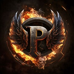 Wall Mural - Burning letter P with wings on fire background. 3D illustration