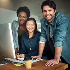 Poster - Portrait, people and teamwork on computer with office diversity and smile for meeting and project collaboration. Graphic designer group on desktop for brainstorming and planning at startup agency