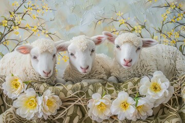 Wall Mural - Easter art with 3 lambs. Sheep. Happy easter