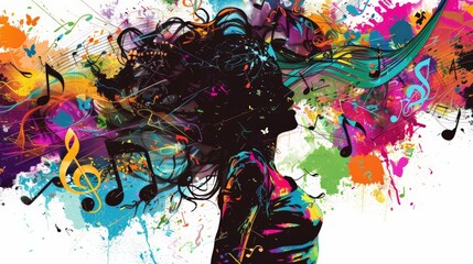 Aufkleber - Colorful silhouette of a woman with abstract musical elements, representing the fusion of art and music. Ideal for cultural events and music festivals