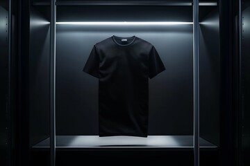 A pristine black t-shirt on a sleek silver metal shelf, illuminated by a spotlight in a dark room, focusing on its elegant lines. 32k, full ultra HD, high resolution