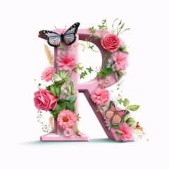 Wall Mural - Alphabet letter R with flowers, leaves and butterfly isolated on white background