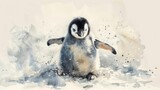 Cute penguin chick waddling happily watercolor art