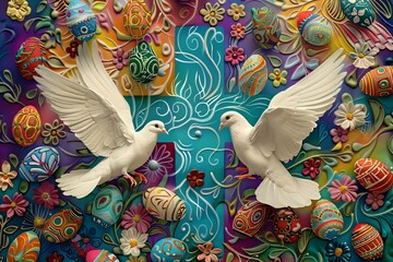 Wall Mural - Easter art with crosses, doves. Happy easter. Easter concept